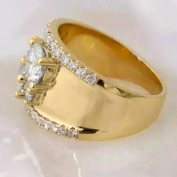 Fashion Round Cubic Zirconia  Wide Ring, Size 7, Gold Tone - Picture 3 of 4